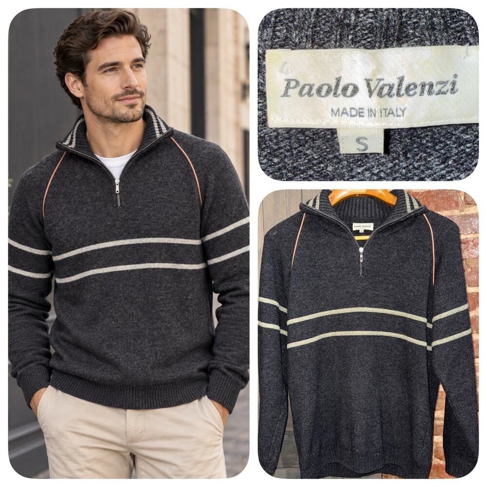 Paolo Valenzi Italy Wool Sweater Mens S Quarter Zip Stripe Pullover Vintage LUX